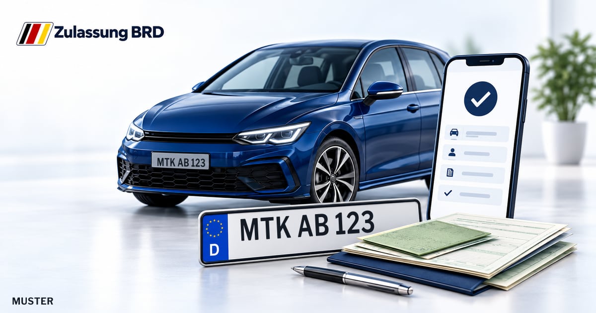 Online Fahrzeugzulassung in Flörsheim am Main: Musterkennzeichen MTK AB 123, Auto und Fahrzeugpapiere und Smartphone. Illustration mit Logo von Zulassung BRD.